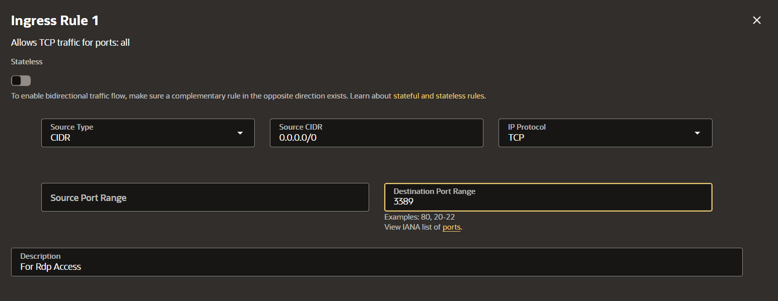 Oracle Add Ingress Rule dialog showing TCP port 3389 with source CIDR 0.0.0.0/0 for RDP